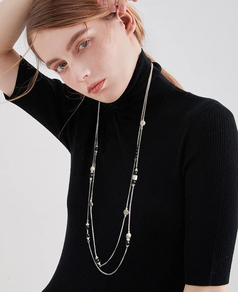 BULINLIN Layered Silver Long Necklace for Women Turquoise Stone Beaded Strand Sweater Chain Necklaces Fashion Costume Jewelry Gifts for Mom - Image 5
